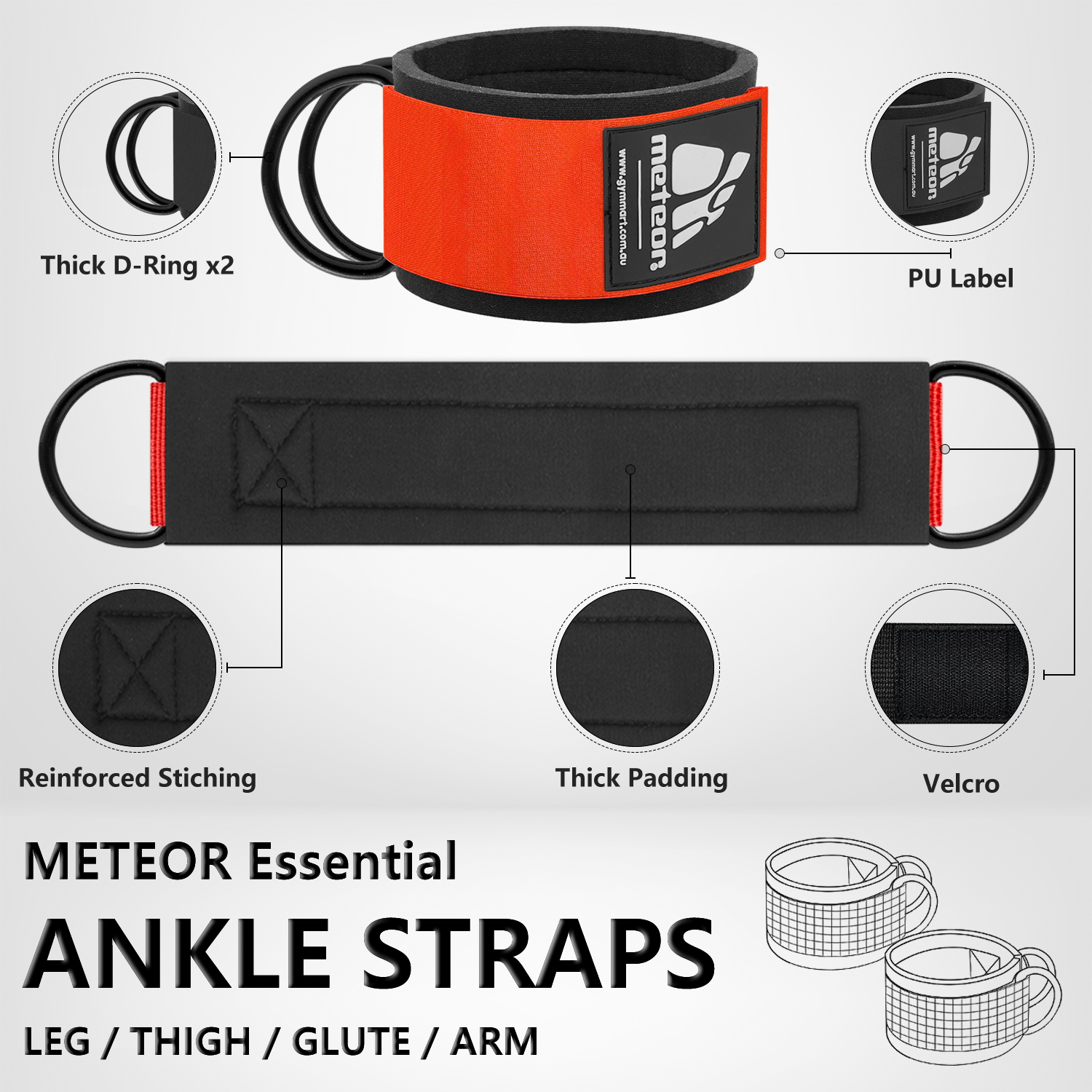 METEOR Ankle Strap Wrist Cuff-Cable Machine Attachments Kickback, Leg Extensions - Picture 22 of 39