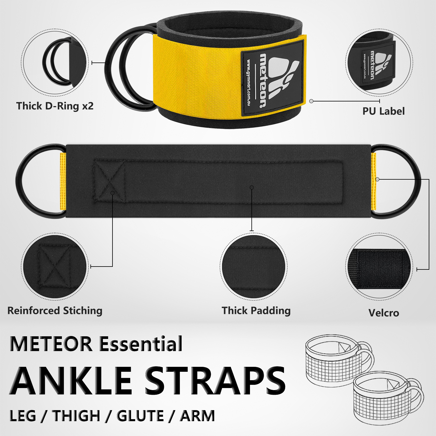 METEOR Ankle Strap Wrist Cuff-Cable Machine Attachments Kickback, Leg Extensions - Picture 32 of 39