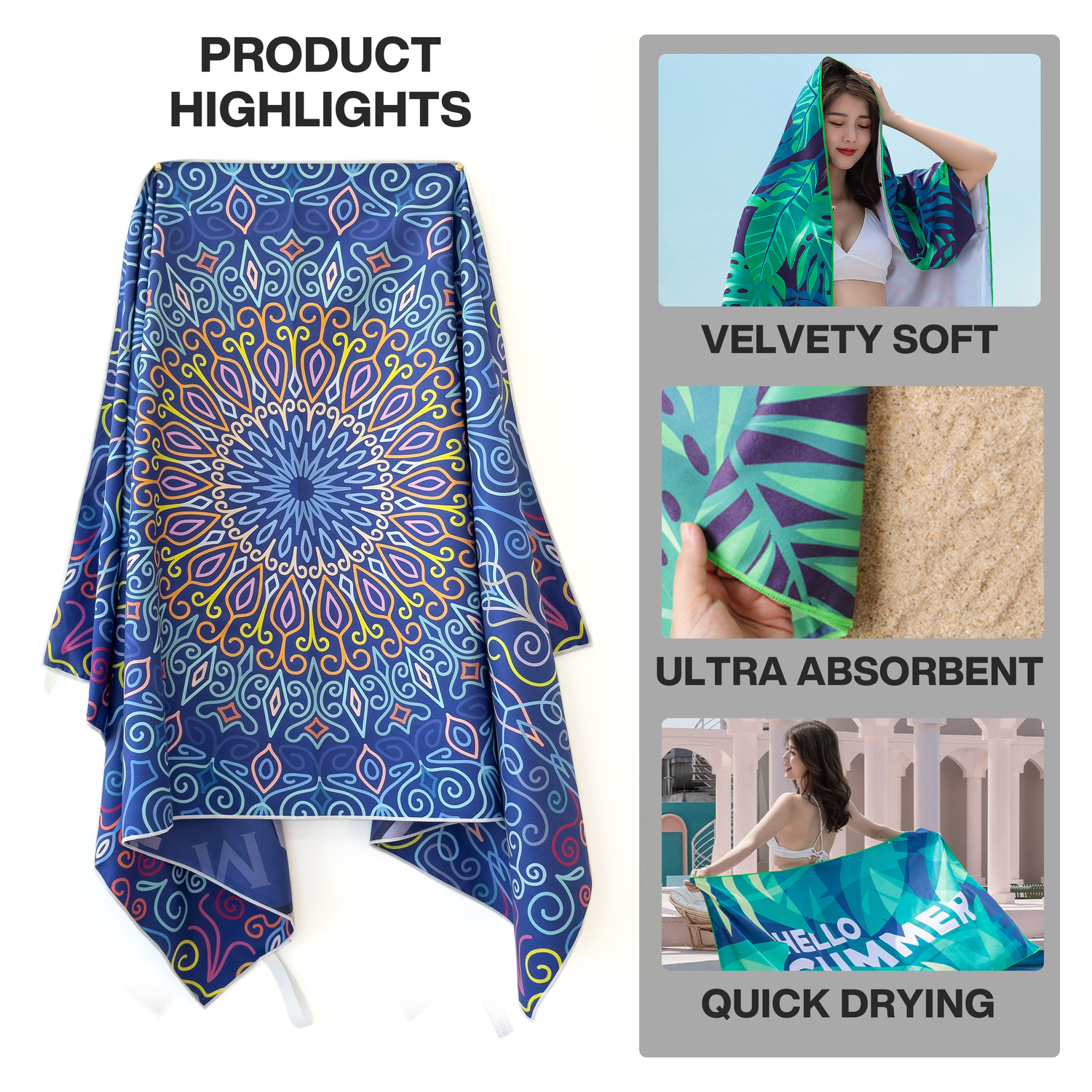 METEOR 180x90cm Extra Large Beach Towel, Sand Free, Quick Dry, With Carry Bag - Picture 26 of 203