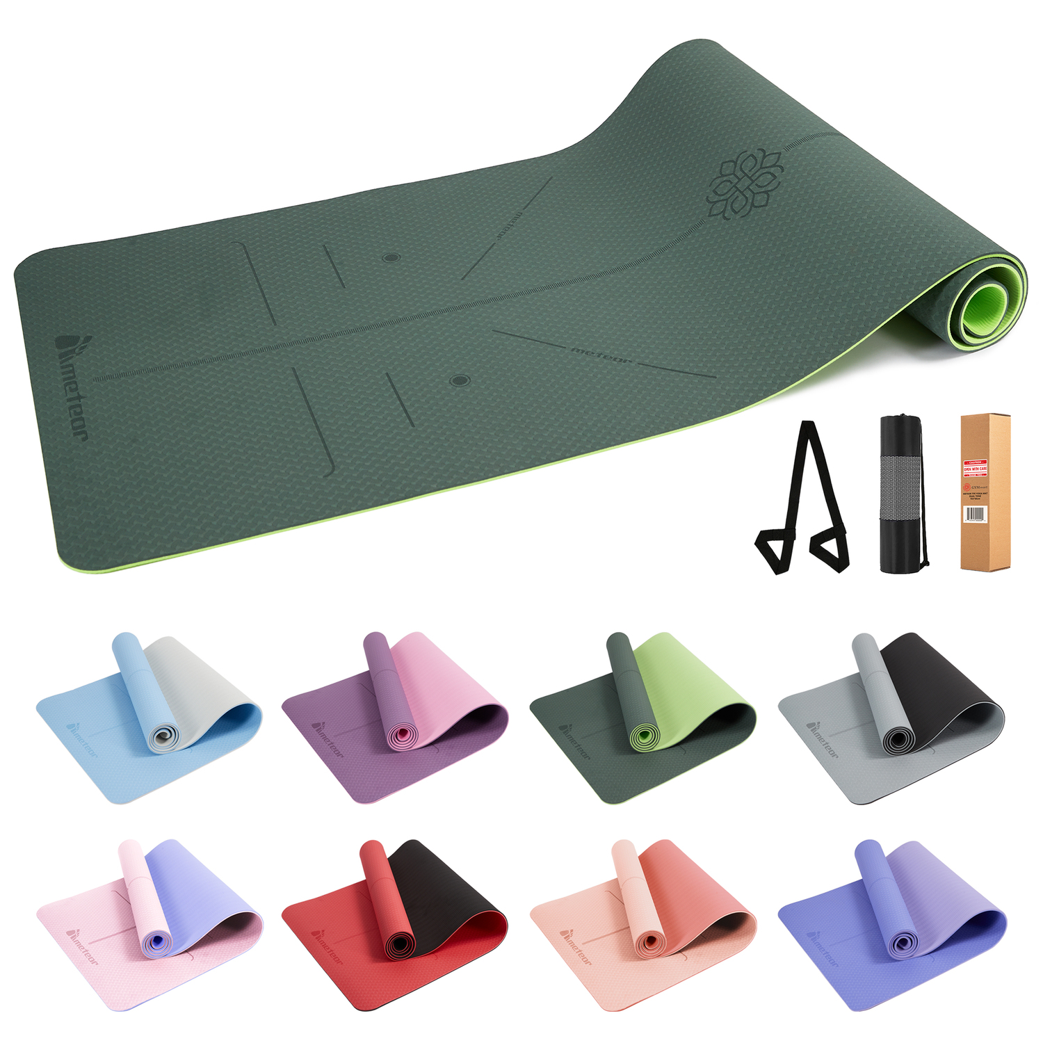 Meteor 6mm Dual-Tone TPE Yoga Mat with Alignment Lines,183x65cm Extra Thick