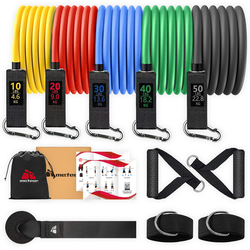 METEOR Essential 11pcs Resistance Band Set,exercise bands,fitness bands, for yoga,weightlifting,physical therapy,rehab,bench press,dead lift